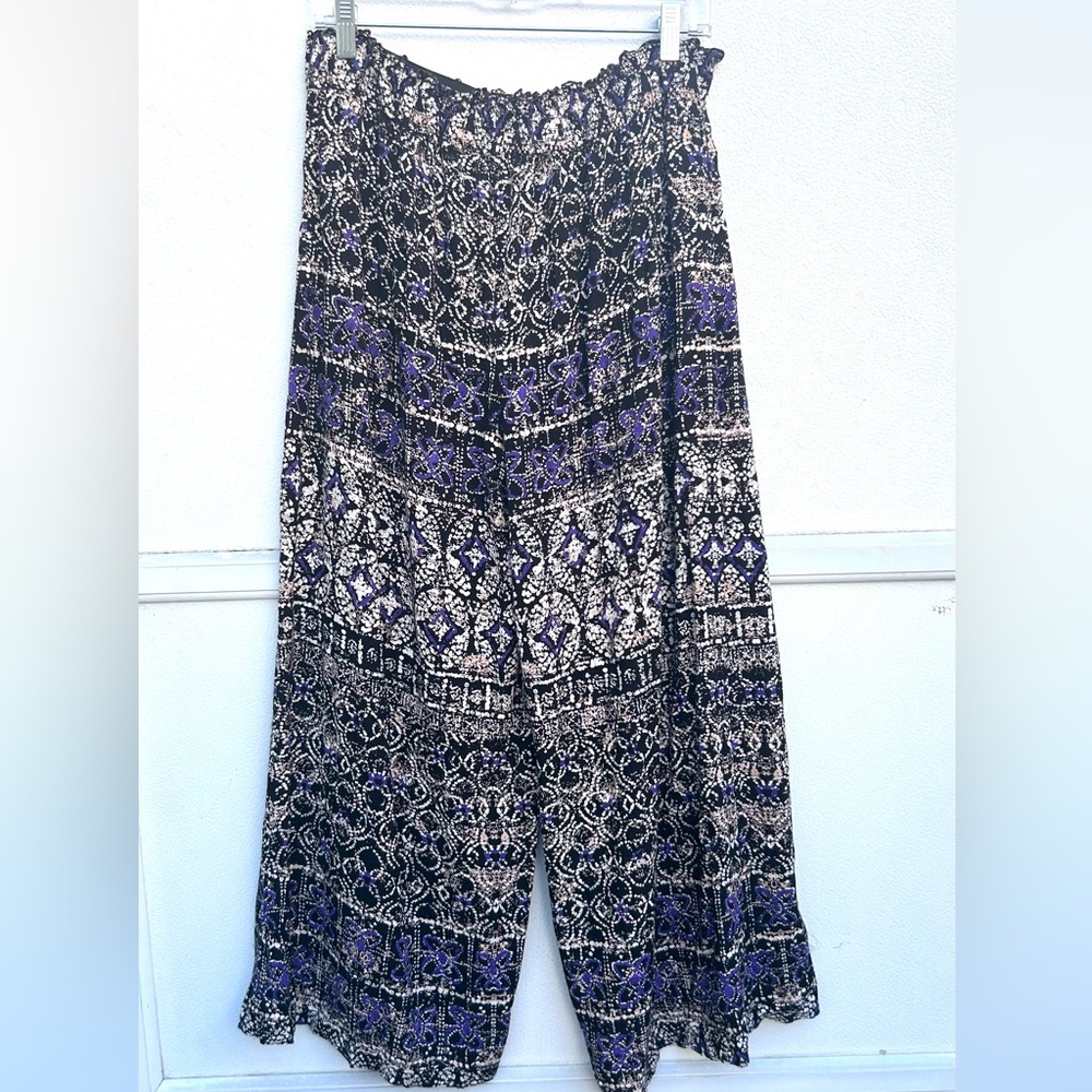 Angie Palazzo Pants Women L Pull On Wide Leg Baggie Boho Hippie Black Multi - Picture 8 of 9